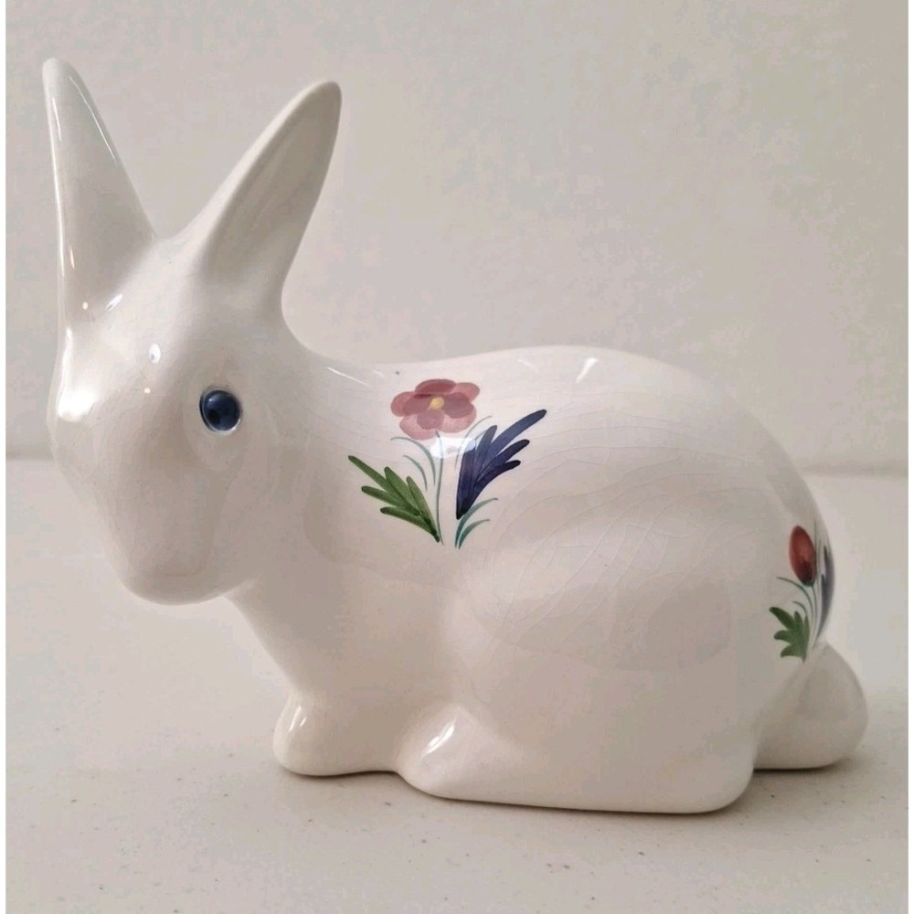 Vtg PORTUGAL Porcelain Ceramic Rabbit HAND PAINTED Bunny Easter Spring 7" x 6.5"